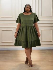 CurvyTilda Plus Size Vacation Casual Solid Color Texture Dress - Olive Green - View 3