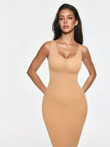 SHAPORA 女款純色無袖修身緊身洋裝 - 卡其色 - 查看 6