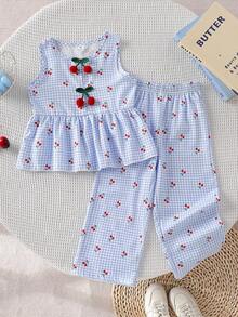 SHEIN Vintaside Kids 女童两件套：无袖格子樱桃印花上衣，饰有3D樱桃图案，搭配宽松阔腿裤，适合休闲、海滩、度假、夏季穿着。 - 藍色 - 查看 3