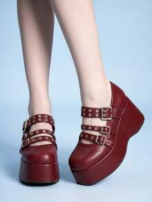 Sugerpunk Sandal Platform Bertumit Lame dengan Gesper Berduri untuk Wanita. - Burgundy - View 2