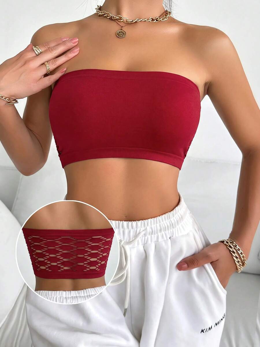 SHEIN 女款純色休閒日常無肩帶內衣 - 酒紅色 - 查看 1
