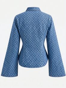 SHEIN MOD 女款單排扣喇叭袖休閒通勤牛仔襯衫外出上衣 - 中等水洗藍 - 查看 2