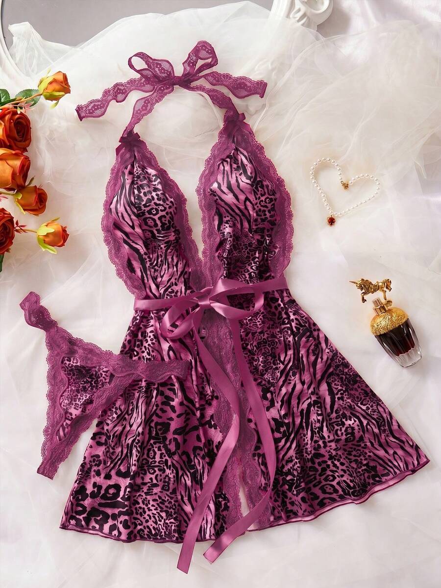SHEIN 两件套蕾丝撞色网纱性感睡衣套装(吊带+性感+动物纹+内裤) - 粉色 - 查看 1