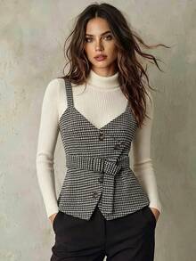 Franclia Women's New Plaid Design Tank Top - Black and White - View 1