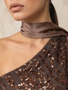 QUIZ Brown Sequin Halter Neck Draped Bodycon Maxi Dress With Side Split And Scarf Detail, One Shoulder Evening Dress, Formal Event Dress, Special Occasion Maxi Dress, Wedding Guest Dress, Party Dress For Women - Brown - View 3