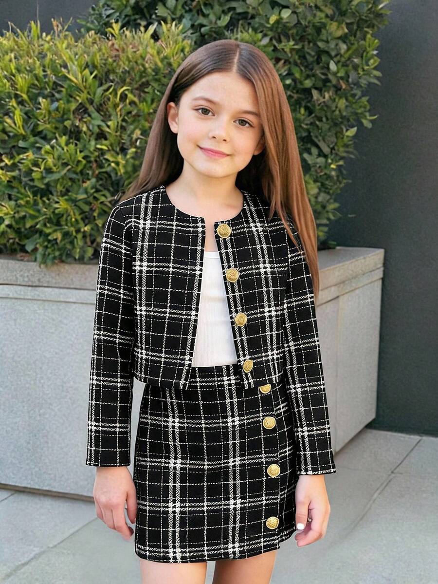 SHEIN Firerie Kids 少女都市時尚長袖夾克與緊身裙套裝 - 黑色 - 查看 1