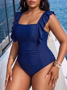 Swim Lushoire Plus Size Women's Solid Color Ruffle Pleated One-Piece Swimsuit For Vacation - Navy Blue - View 2