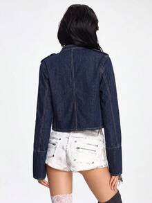 ROMWE Grunge Punk Nautical Punk Vintage Metal Buckle Distressed Washed Denim Lightweight Jacket - Dark Wash - View 2