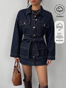 SHEIN 青少年女孩深藍色牛仔夾克附腰帶，寬鬆長袖 - 藍色 - 查看 3
