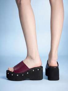 Sugerpunk Pantuflas de mujer de punta abierta con suela gruesa y remaches estilo locomotora - Burdeos - Ver 8