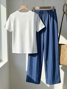 SHEIN Elladie kids 女童條紋T恤套裝，休閒可愛復古寬鬆圖案款，夏季返校戶外運動日常舒適穿搭 - 藍色 - 查看 2
