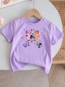 SHEIN 春夏少女休闲时尚创意个性清新高端烟火五角星卡通少女图案印花休闲基础款黑色短款T恤，舒适日常穿着，温暖夏秋风格，适合春、夏、秋季少女氛围穿搭，上衣 - 紫色 - 查看 3