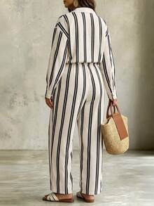 Linhara CURVE Plus Size Striped Colorblock Elegant Button Casual Long Sleeve Jumpsuit Fall - Black and White - View 2