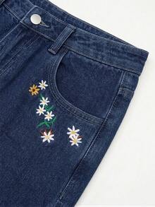 GlowEve 女款夏季花卉刺繡牛仔褲 - 深色水洗藍 - 查看 8
