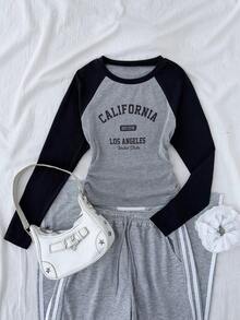 SHEIN Kaos Lengan Panjang Kasual Sehari-hari untuk Remaja Perempuan dengan Leher Bulat dan Lengan Raglan, Motif Huruf - MultiWarna - View 1