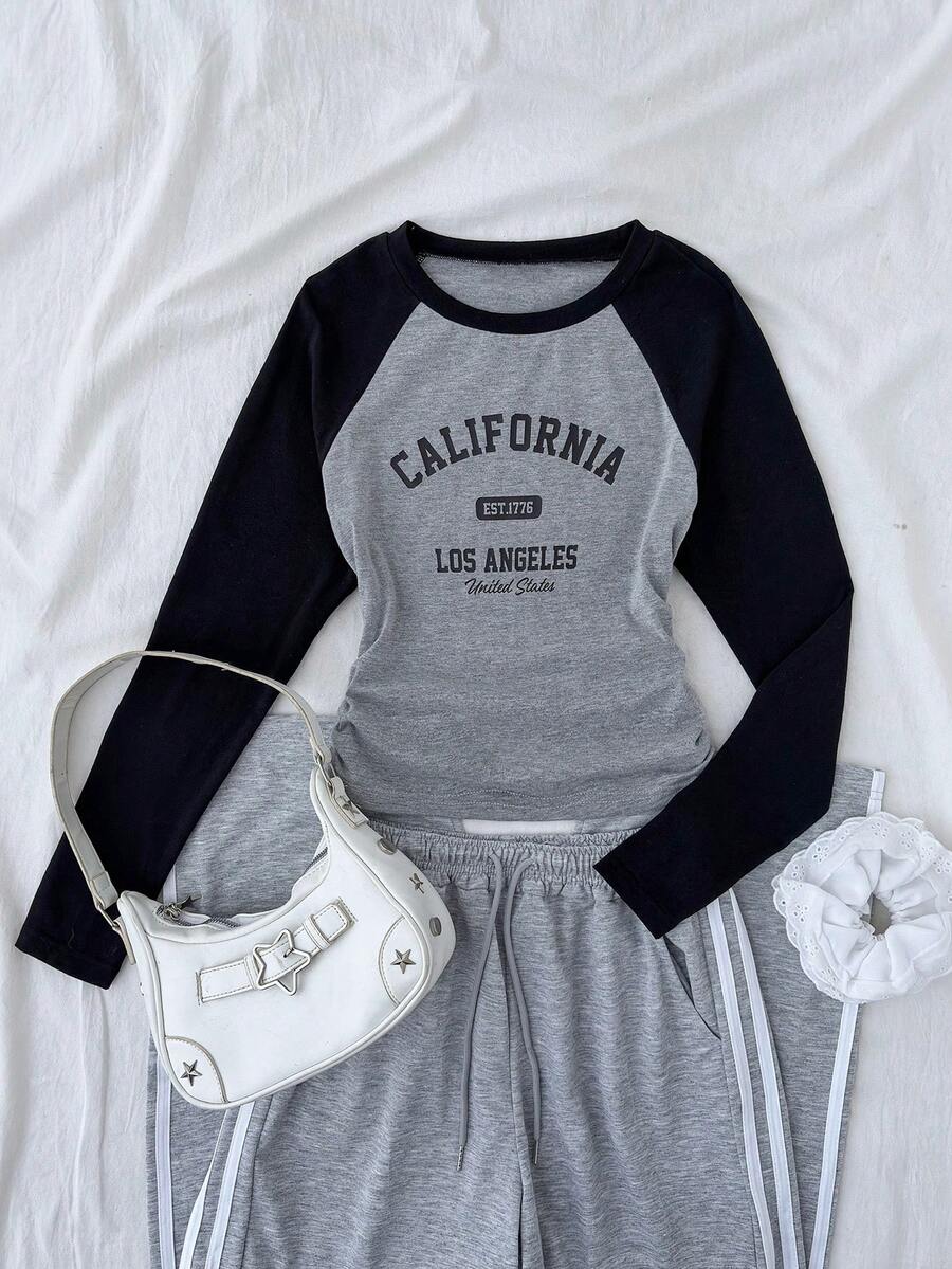 SHEIN Kaos Lengan Panjang Kasual Sehari-hari untuk Remaja Perempuan dengan Leher Bulat dan Lengan Raglan, Motif Huruf - MultiWarna - View 1