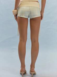 MUSERA Checked Contrast Folded Waist Micro Shorts Coord Bottoms Only Summer Girly Sexy Everyday Y2k Soft Social Holiday Vacation Beige - Pale Yellow - View 5
