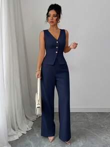 Elenzga Women's Elegant Sleeveless Blazer Vest And Pants Suit Set, Business/Commute Style, Summer - Navy Blue - View 5