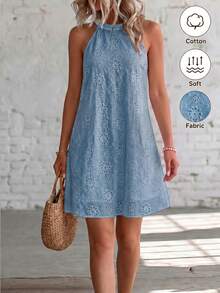 SHEIN Holidaya 女款鏤空刺繡匙孔露背掛脖式長版上衣洋裝 度假海灘穿搭 - 藍色 - 查看 7