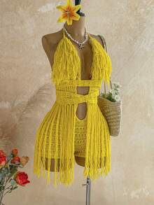 Soleia Women's Plus Size Tassel Knit Jumpsuit For Vacation - Yellow - View 5