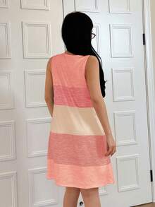SHEIN 女款拼色百褶休閒居家睡裙 - 粉色 - 查看 2