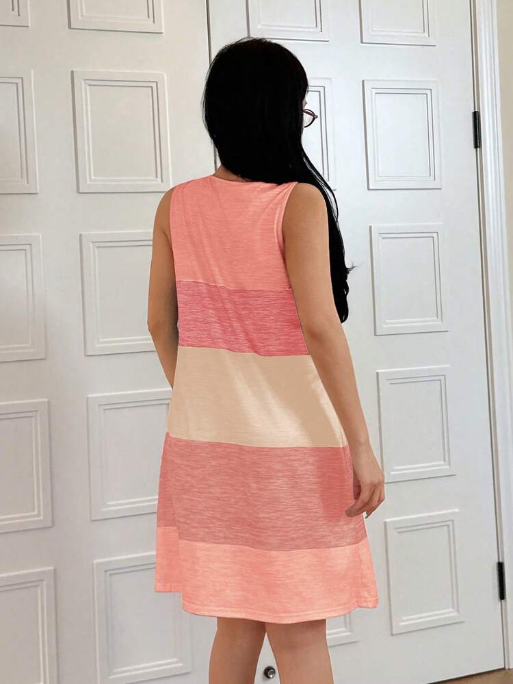 SHEIN Women's Colorblock Pleated Casual Daily Home Sleep Dress - Pink - View 2