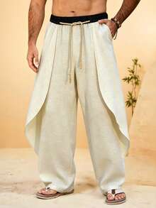 VENTUSAIL Men's Spring/Summer Vacation Style Long Pants, Lightweight Fabric With Contrast Color Belt And Rope Detail, Mature Vacation Style Casual Long Pants - Beige - View 1