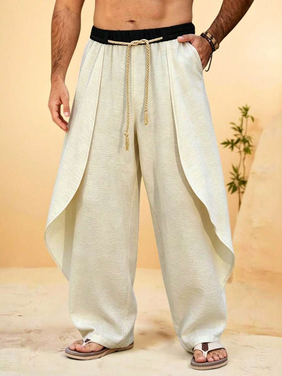 VENTUSAIL Men's Spring/Summer Vacation Style Long Pants, Lightweight Fabric With Contrast Color Belt And Rope Detail, Mature Vacation Style Casual Long Pants - Beige - View 1