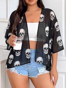 SHEIN EZwear 大尺碼女款骷髏印花短袖寬鬆夾克 - 黑與白 - 查看 7
