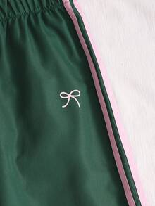 SHEIN Sparklyn 青少年女孩秋季套裝 2 件組，拼色條紋拉鍊外套附刺繡蝴蝶結細節，搭配鬆緊腰長褲 - 粉色 - 查看 10