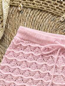 Soleia Knitted Crochet Drawstring Hollow Out Slim Fit Cover-Up Shorts - Pink - View 5