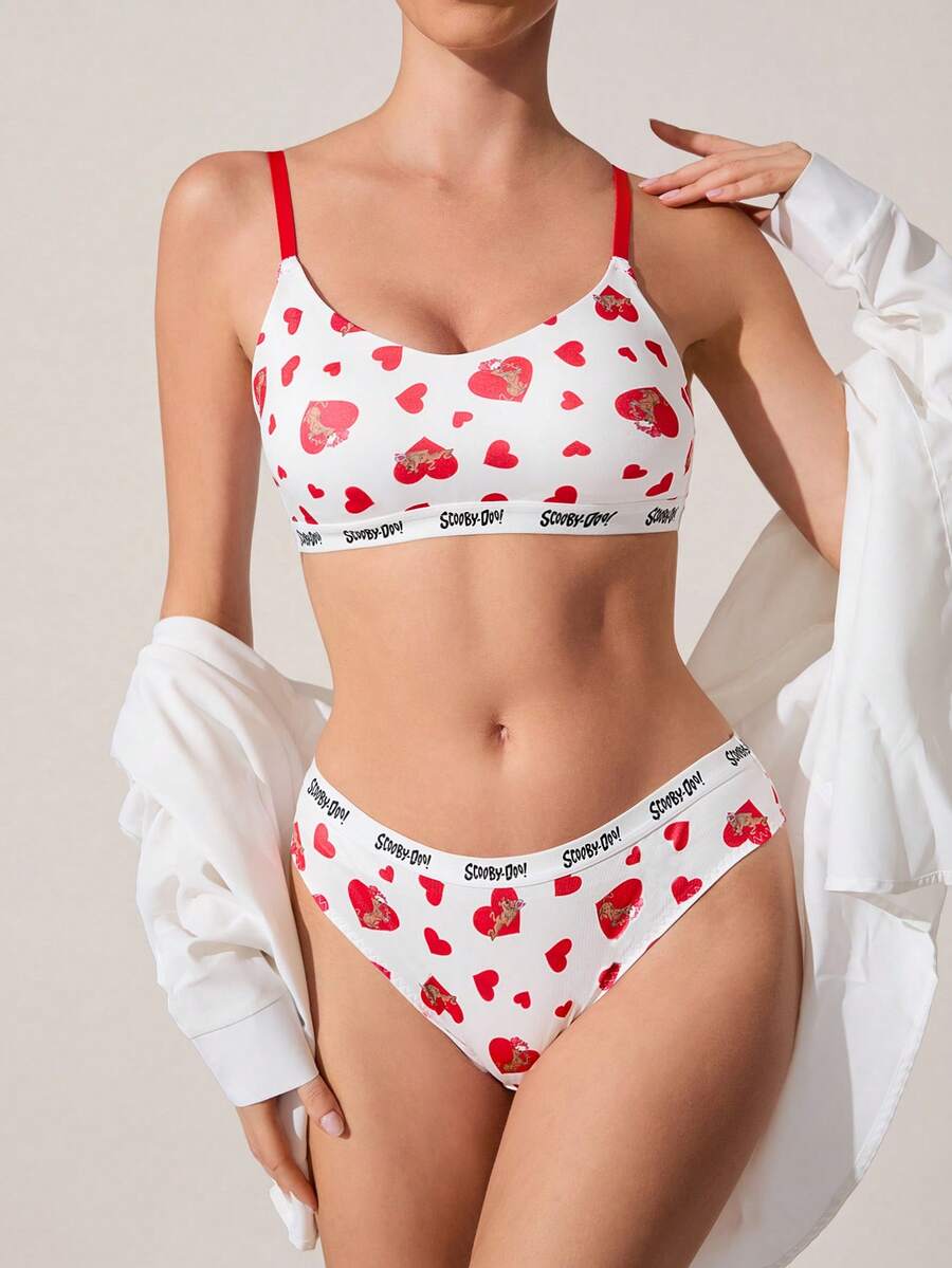 SCOOBY-DOO X SHEIN Cute Red Heart Printed Comfortable Women Lingerie Set - Multicolor - View 1