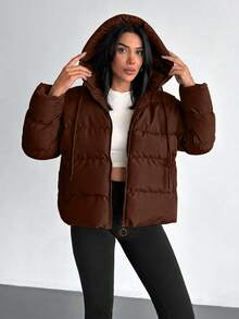 EURMUSE Solid Color, Zip Up, Hooded Winter Coat - Brown - View 7
