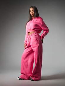 Missguided x Playboy بنطلون جوجر واسع الساق مع خصر برباط وطباعة شعار، بنطلون صوف مريح وكاجوال - روز أحمر - مشاهدة 5