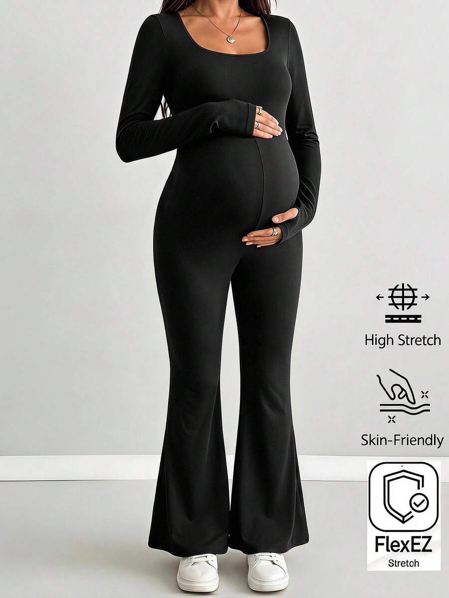 SHEIN Maternity Solid Color Minimalist Simple Versatile Long Sleeve Flared Leg Jumpsuit Autumn Photoshoot - Black - View 1