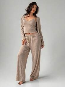 Livesso Women's Solid Color Long Sleeve Open Front Top, Camisole And Pants Loungewear Set Fall - Khaki - View 6