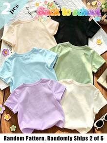 SHEIN (隨機發貨 2/6) 返校季女童彩色鉛筆書包巴士花朵蝴蝶結豹紋波點圖案基本款短袖T恤 - 彩色 - 查看 2