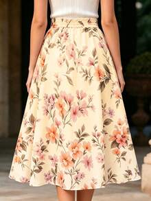 SHEIN French Fresh Floral Pleated Midi Skirt - Summer High Waist Slim A-Line Skirt - Multicolor - View 2