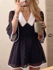 Cévolie Women's Polka Dot Print Flare Sleeve Fashion Mini Dress - Black - View 3