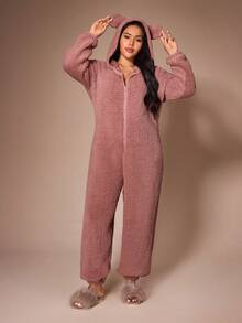 Lazeform Plus Size Solid Color Fleece Bubble Fleece Cute Hooded Ear Long Sleeve Long Pants Loungewear Jumpsuit - Dusty Pink - View 6