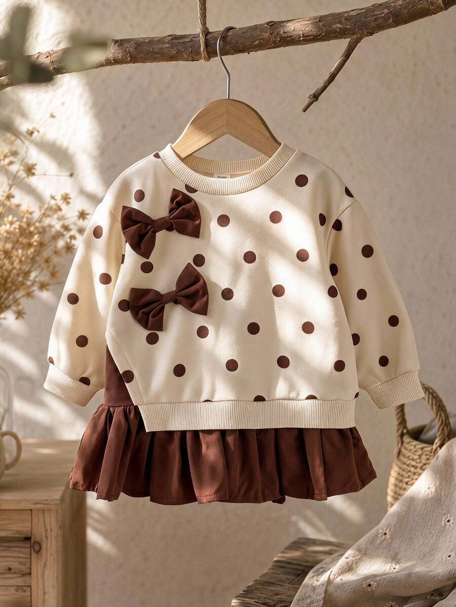 SHEIN Baby Girl Sweet Bow Decor Polka Dot Print Long Sleeve Cute Sweatshirt - Multicolor - View 1