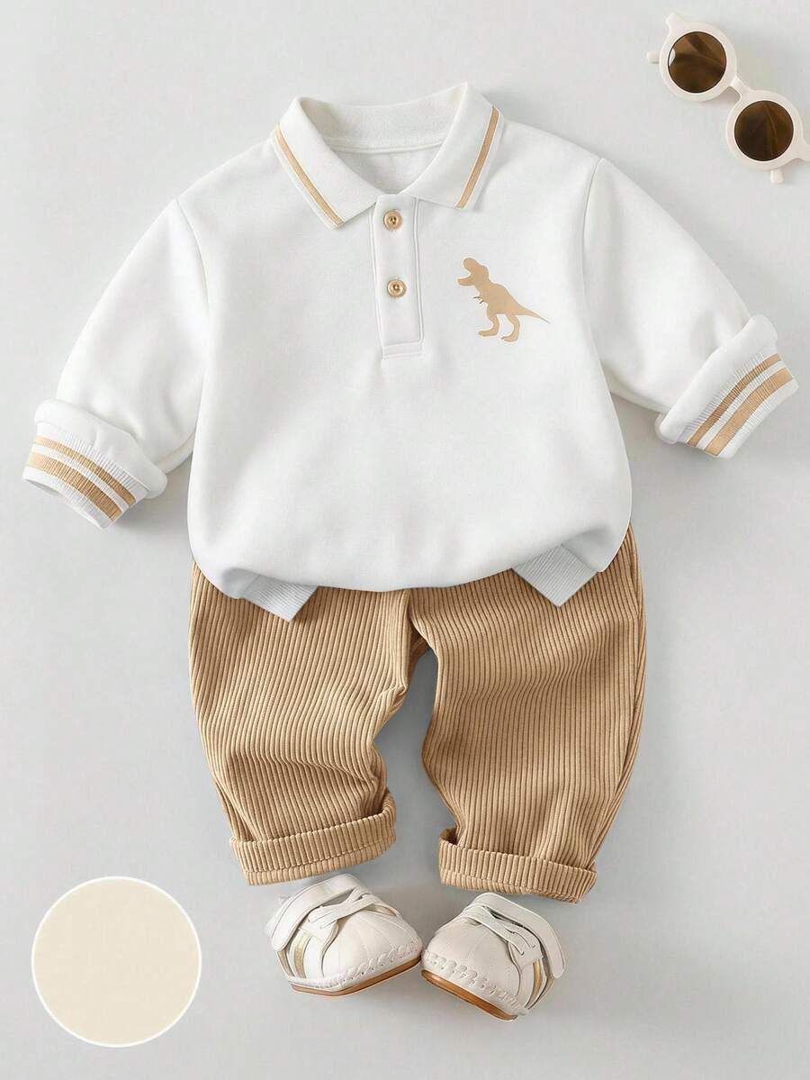 Cozy Pixies Baby Boy Cartoon Bear Pattern Knitted Soft Crew Neck Long Sleeve Pullover Sweatshirt And Elastic Waist Long Pants 2-Piece Set - Khaki - View 1