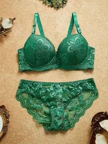 PinupPomp 2pcs Women's Lingerie Set (With Underwire Bra, Triangle Panty) - Green - View 1