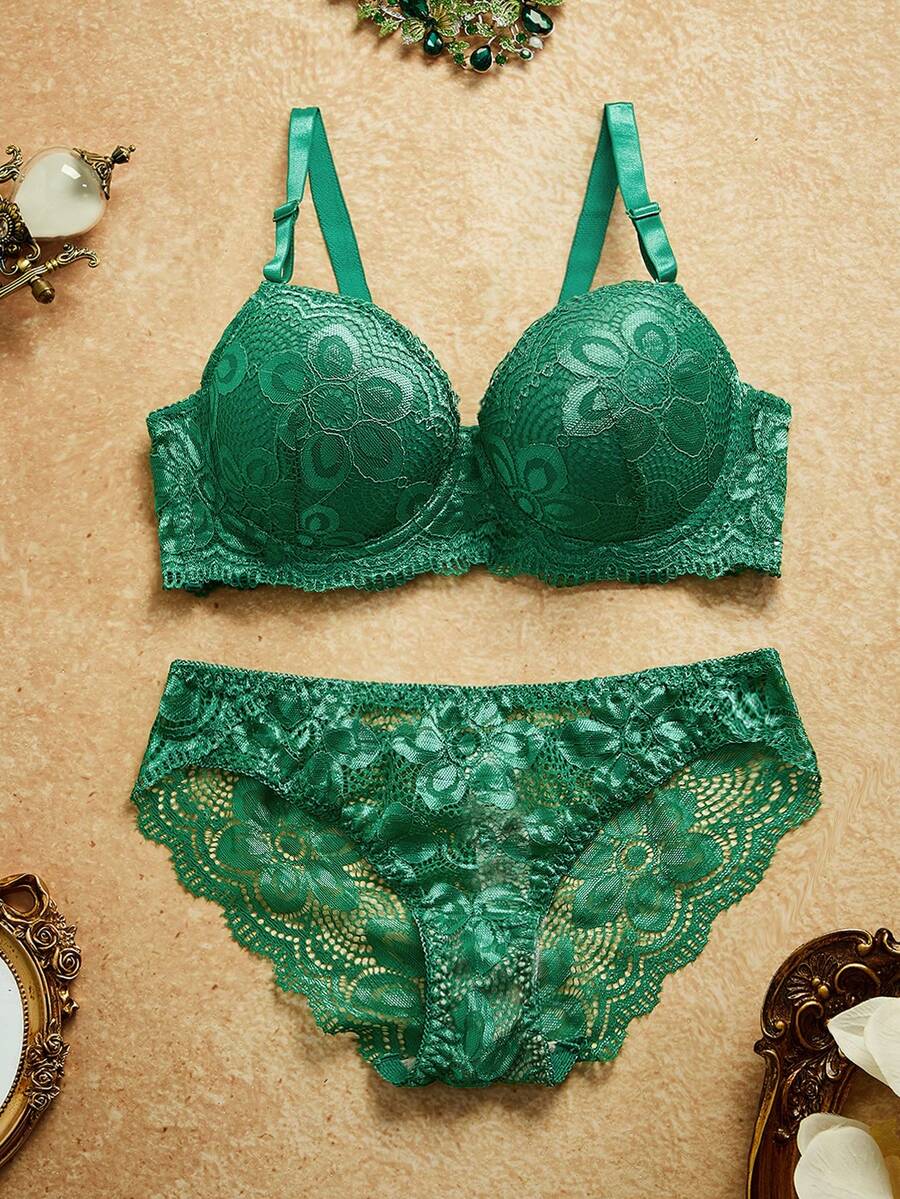 PinupPomp 2pcs Women's Lingerie Set (With Underwire Bra, Triangle Panty) - Green - View 1