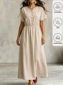 SHEIN LUNE CURVE 大码女士优雅圆领短袖收腰A字连衣裙，适合夏季通勤 - 杏色 - 查看 1