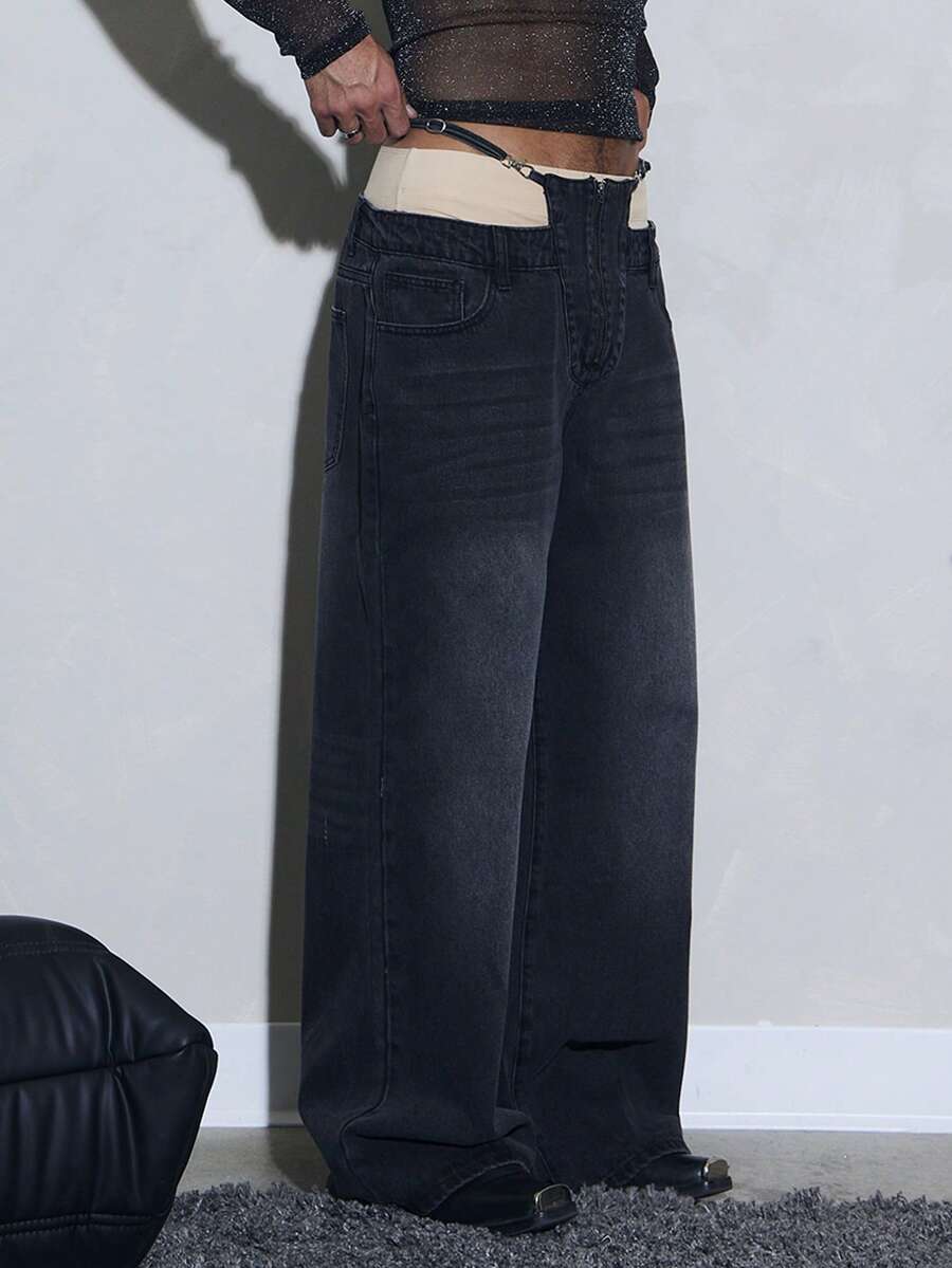 FeverCity Men's Washed Black Wide Leg Loose Fit Jeans With Pockets - Black - View 1