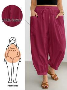 Shapeblank Plus Size Women Solid Color Drawstring Waist Casual Versatile Daily Travel Long Pants - Red Violet - View 2