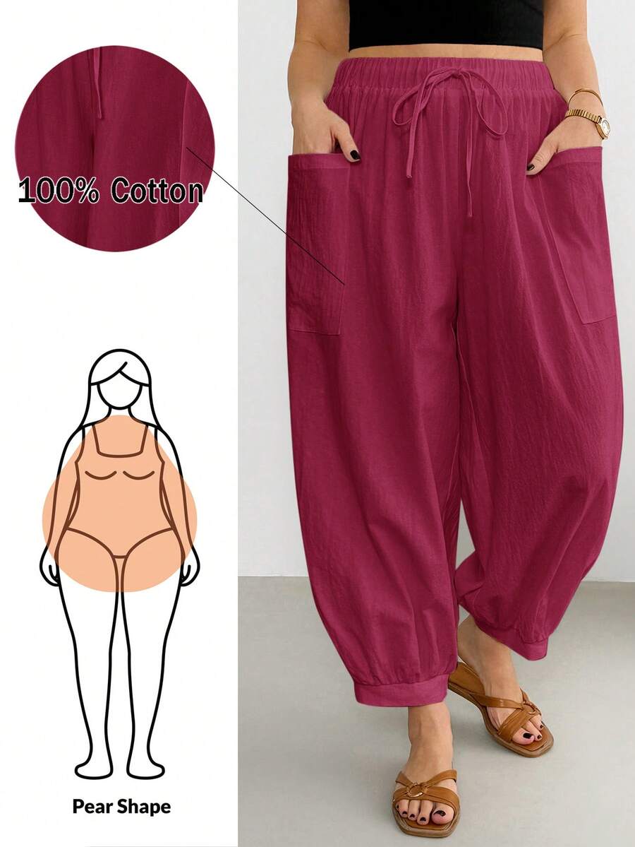 Shapeblank Plus Size Women Solid Color Drawstring Waist Casual Versatile Daily Travel Long Pants