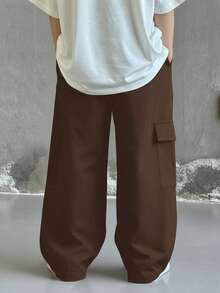 SHEIN Little Byeori 兒童青少年男孩休閒舒適直筒寬鬆工裝褲，棕色工裝褲，新年，六七歲，適合外出、出遊、上學，春夏秋冬四季皆宜 - 棕色 - 查看 3