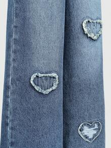 SHEIN Elladie kids Denimly 春夏女童心形刺繡破洞直筒寬鬆時尚休閒可愛百搭牛仔褲，丹寧藍，適合假期與校園 - 深色水洗藍 - 查看 6